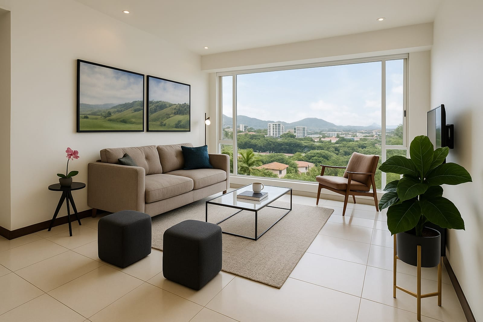 Living room with gray sofa and armchairs facing the window and hills