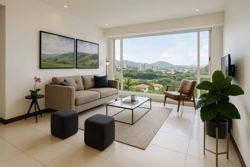 Living room with gray sofa and armchairs facing the window and hills