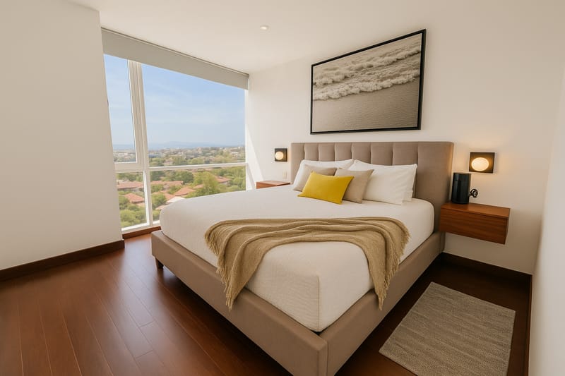 King bed with yellow pillow and the city through the window