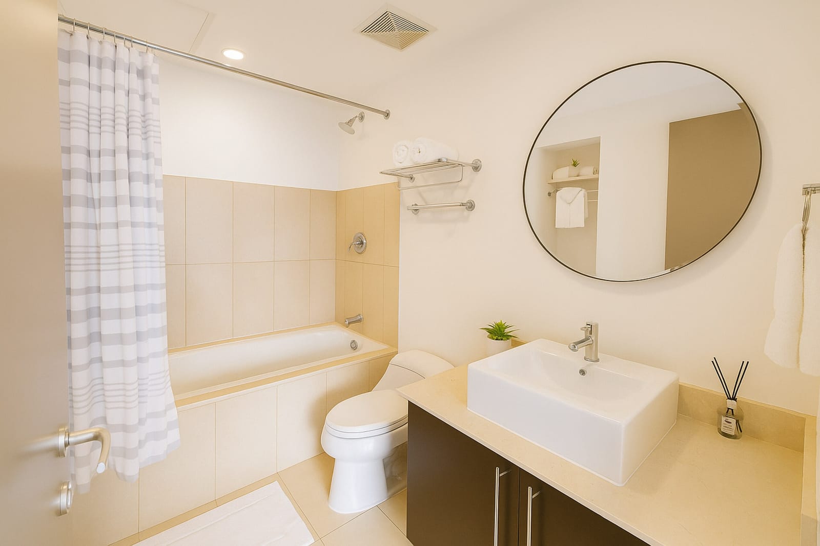 Bathroom with bathtub, round mirror and vessel sink
