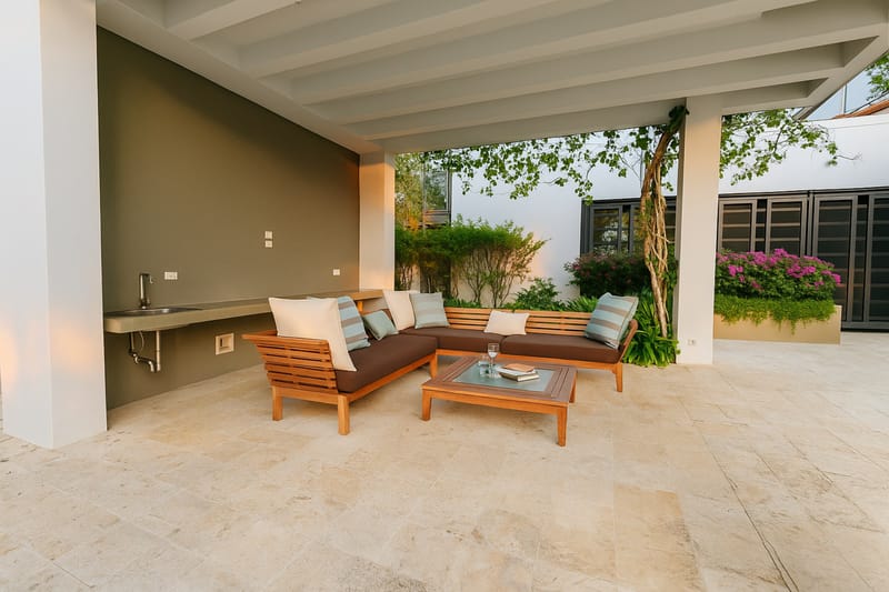 Covered rooftop lounge with wooden sofa and plants