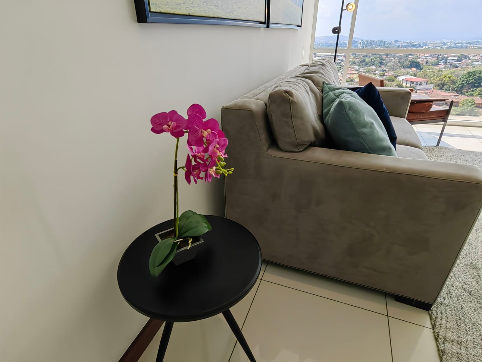 Pink orchid on a side table beside the sofa