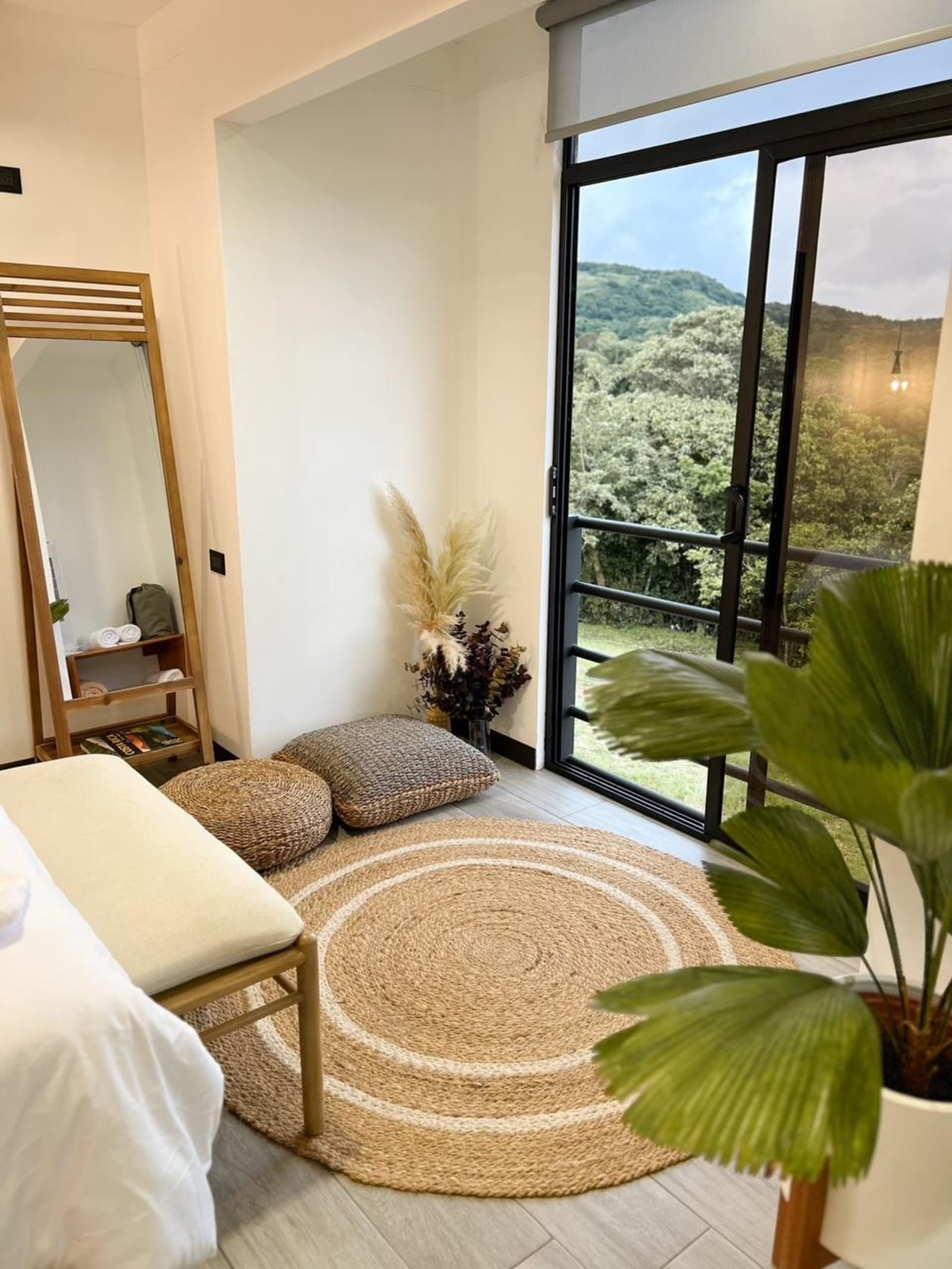 Rattan rug, cushion and palm by the open glass door