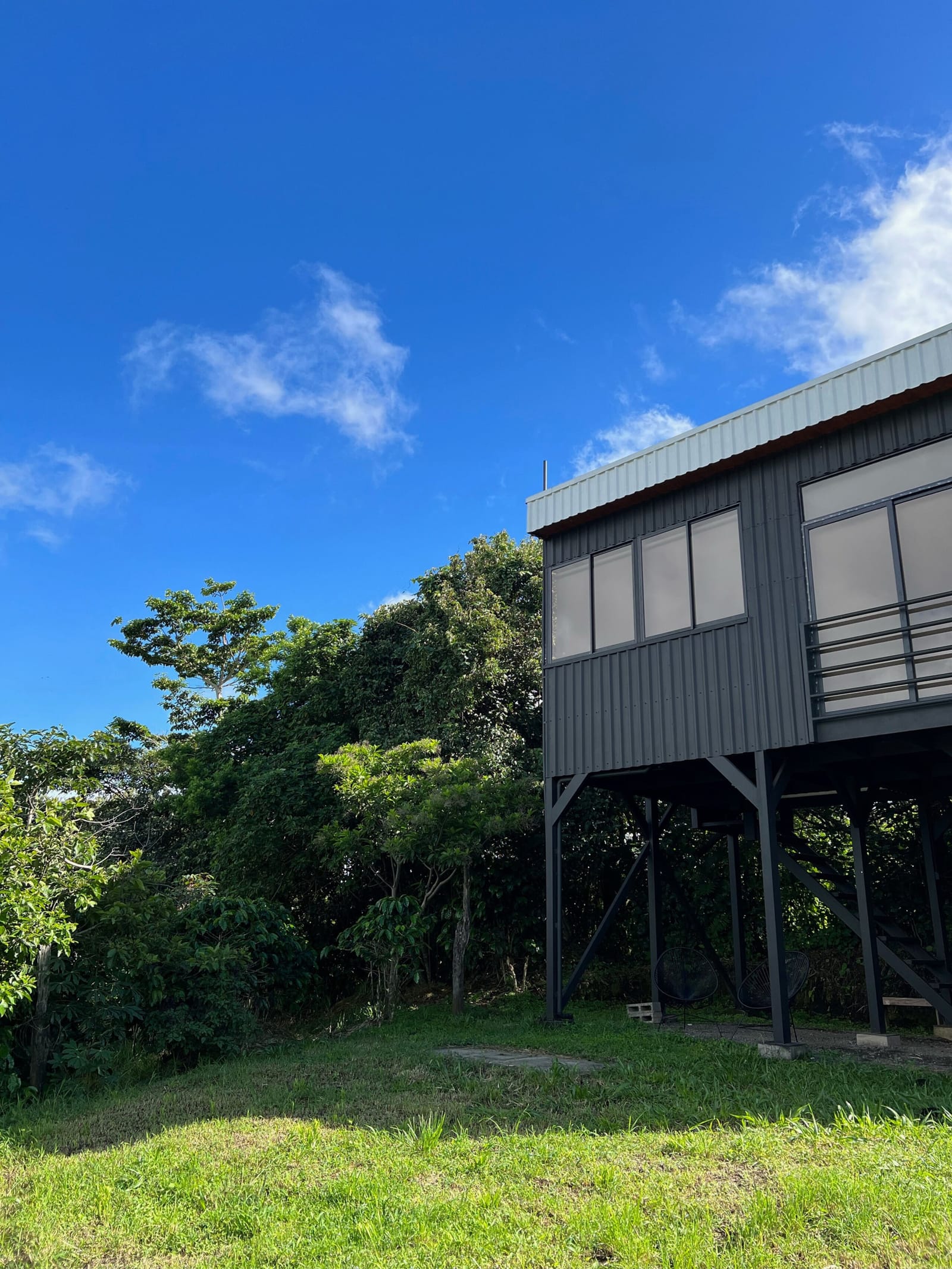 Dark container loft on stilts above the green slope