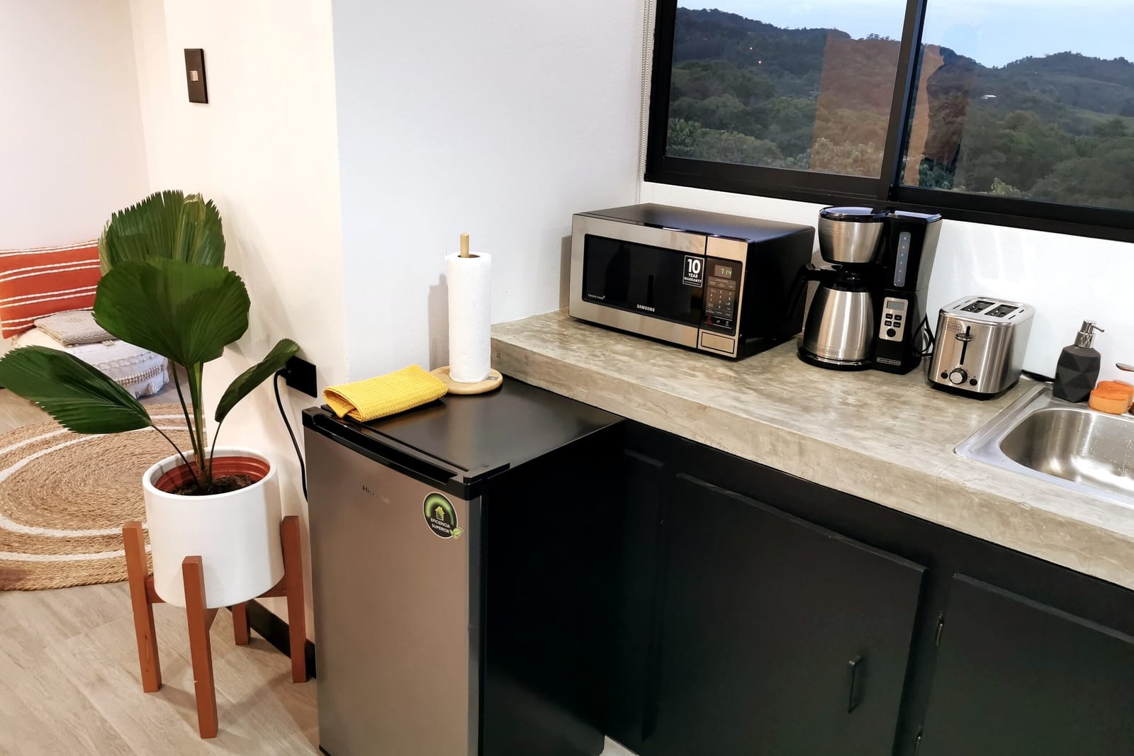Microwave, coffee maker and toaster on the counter