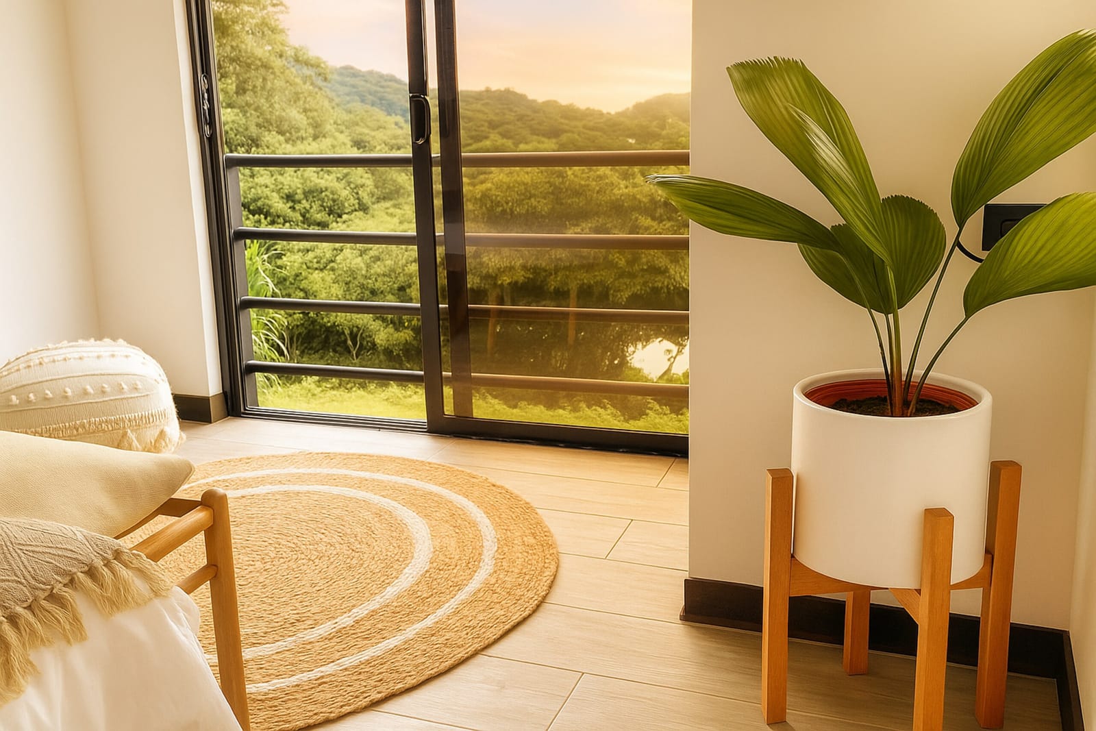 Round rug and potted palm by the glass door