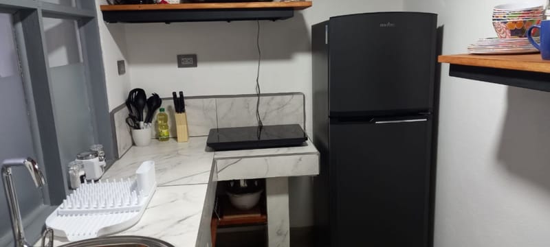 Kitchen counter with black refrigerator, kettle and dish rack