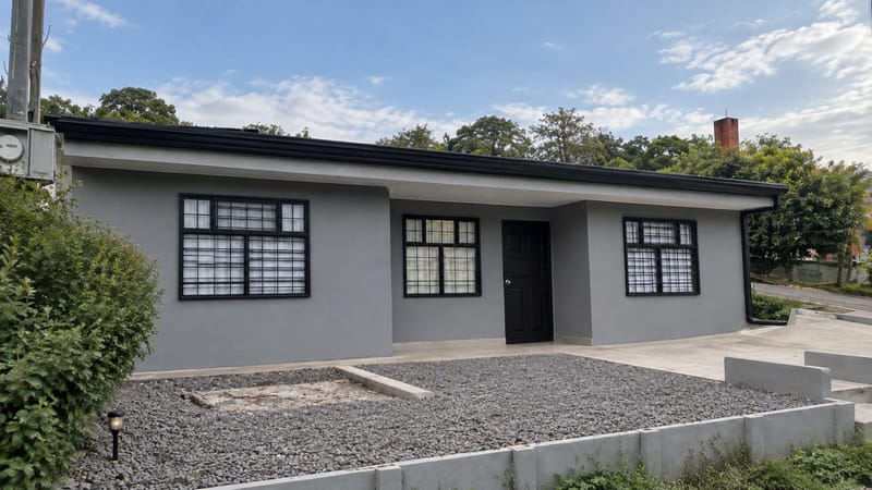 Gray single-story house with black window frames and a gravel front yard in Santa Elena