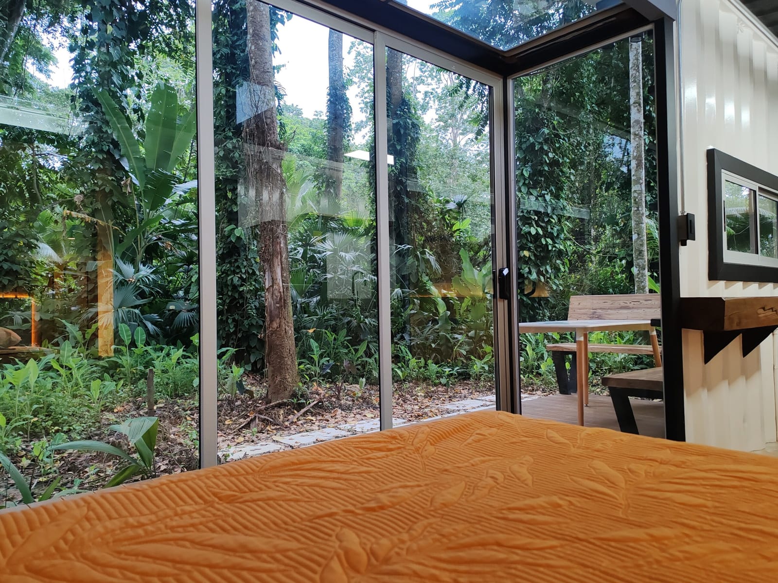 View from the bed through the glass to the trees