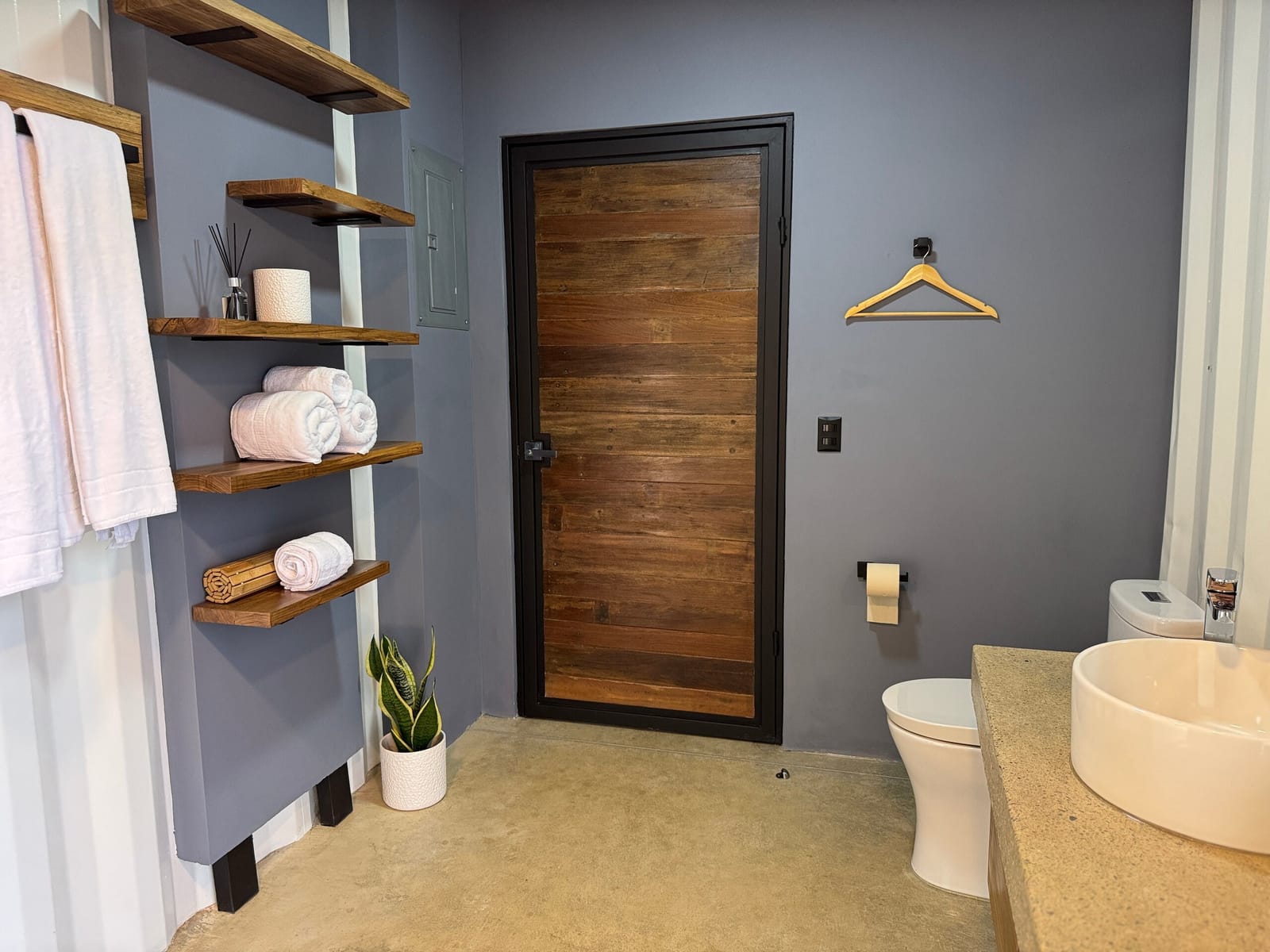 Wooden door, towel shelves and toilet in the bathroom