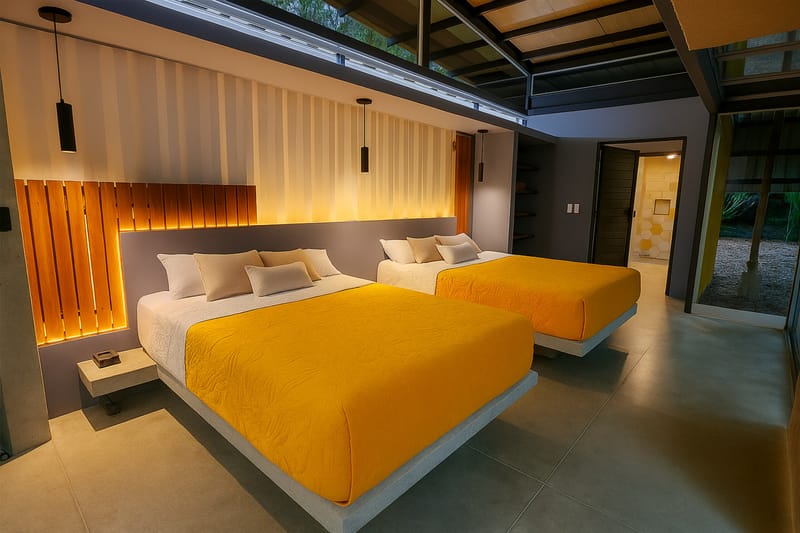 Two queen beds with orange covers under a lit wood headboard