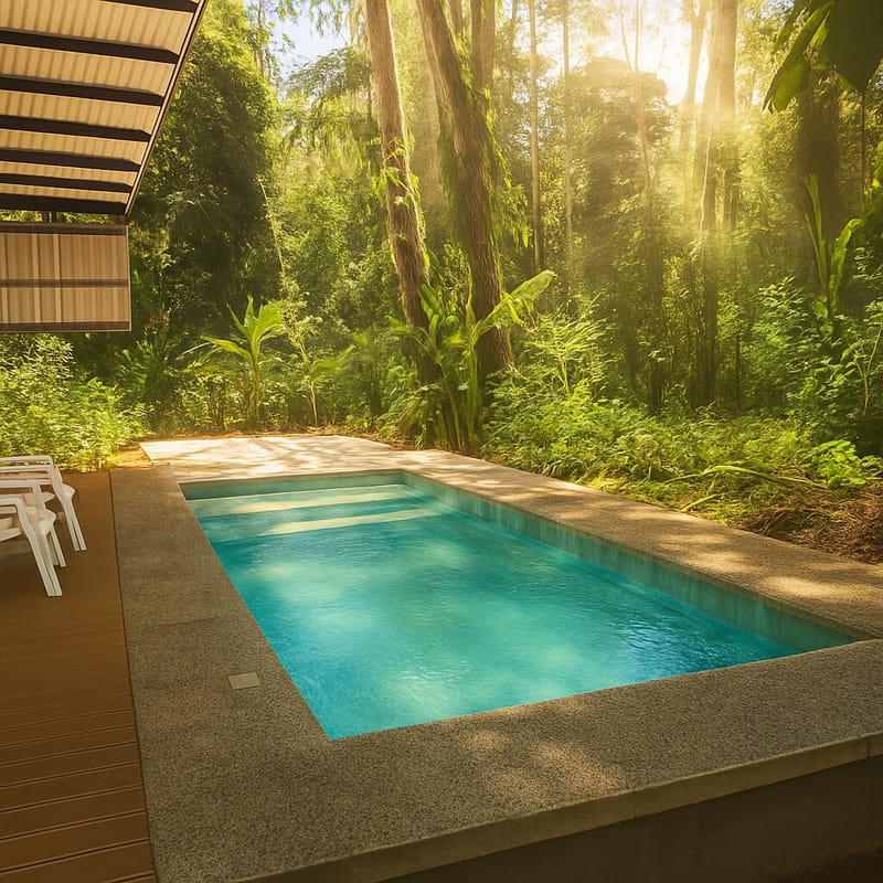 Turquoise plunge pool with wooden deck and jungle behind