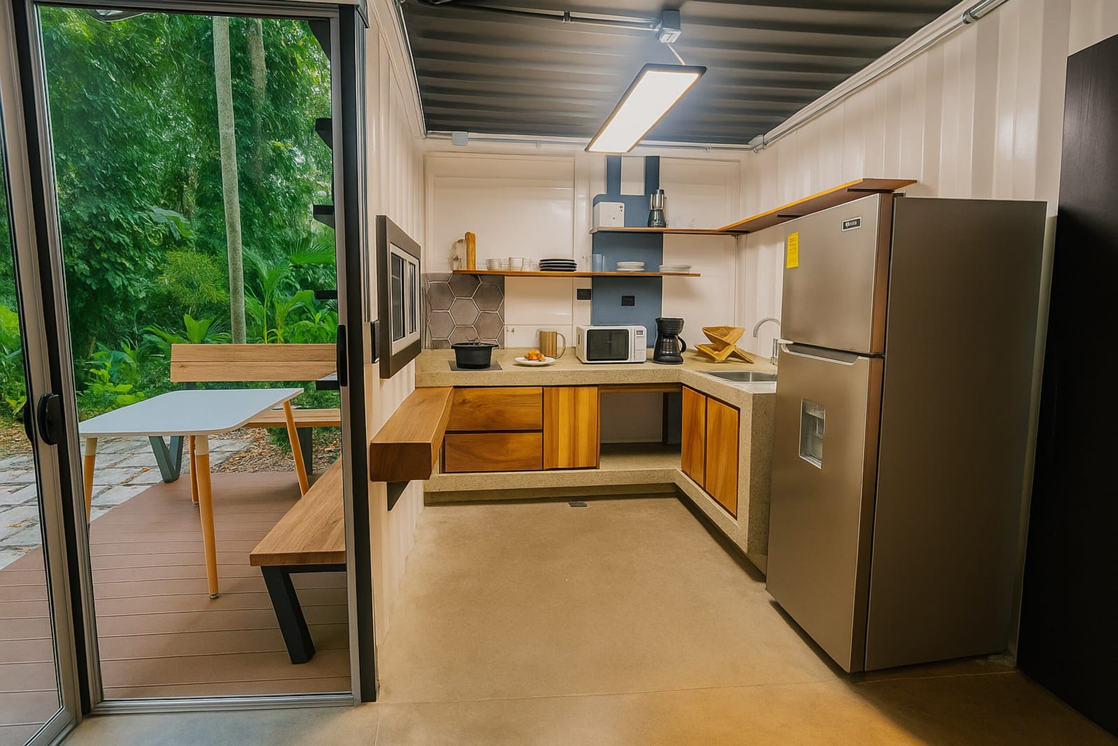 Container kitchenette with stainless fridge and glass door to the deck