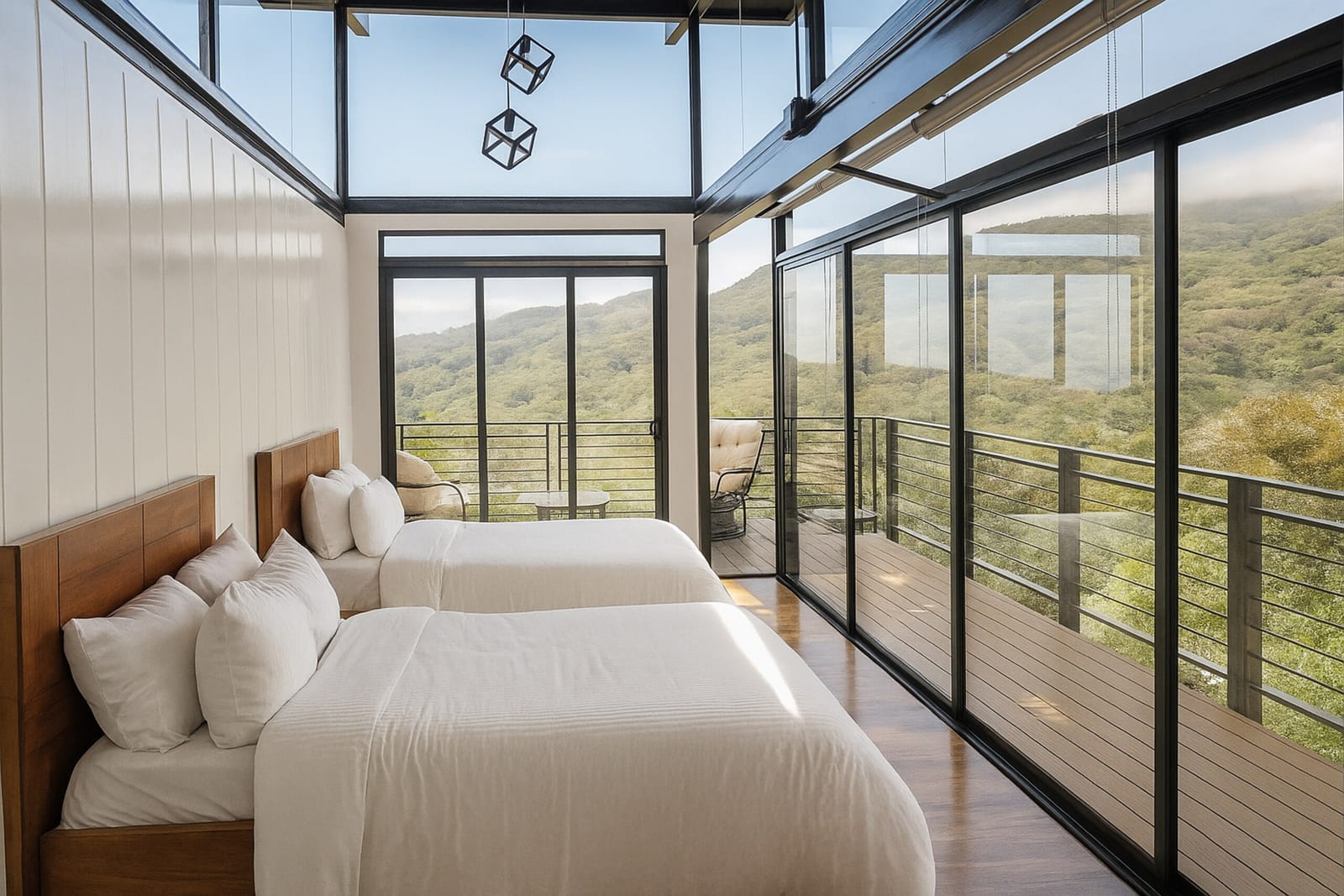 Two queen beds against the glass wall with the valley beyond