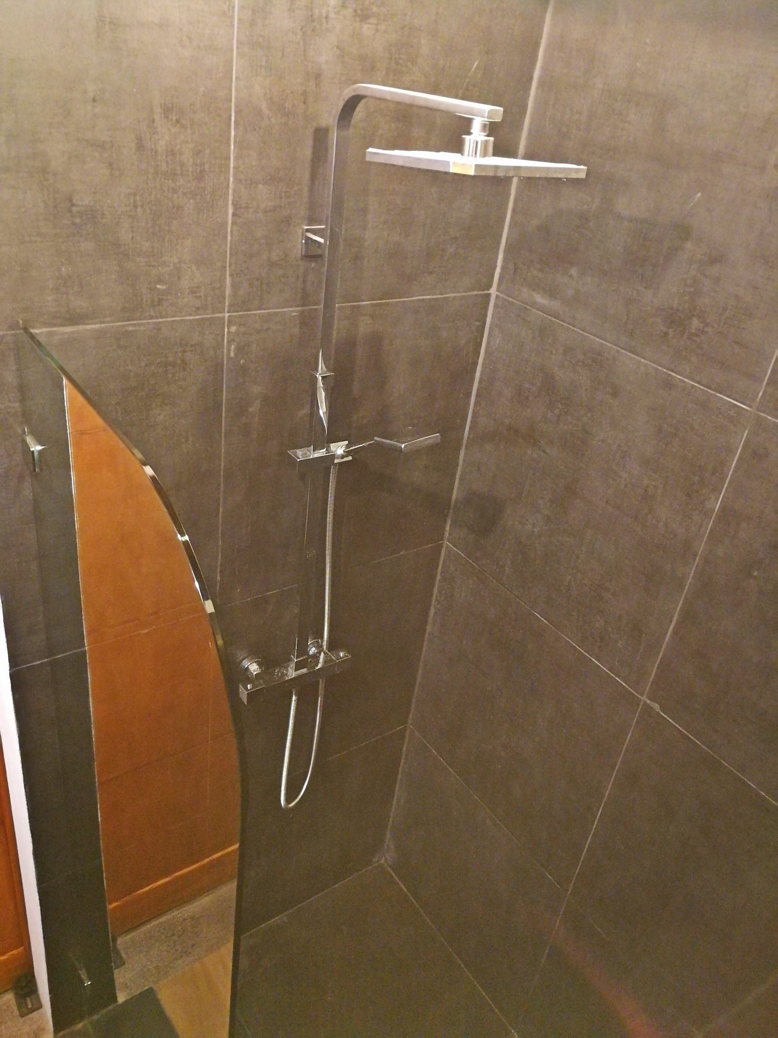 Walk-in shower with dark tiles and a rain head