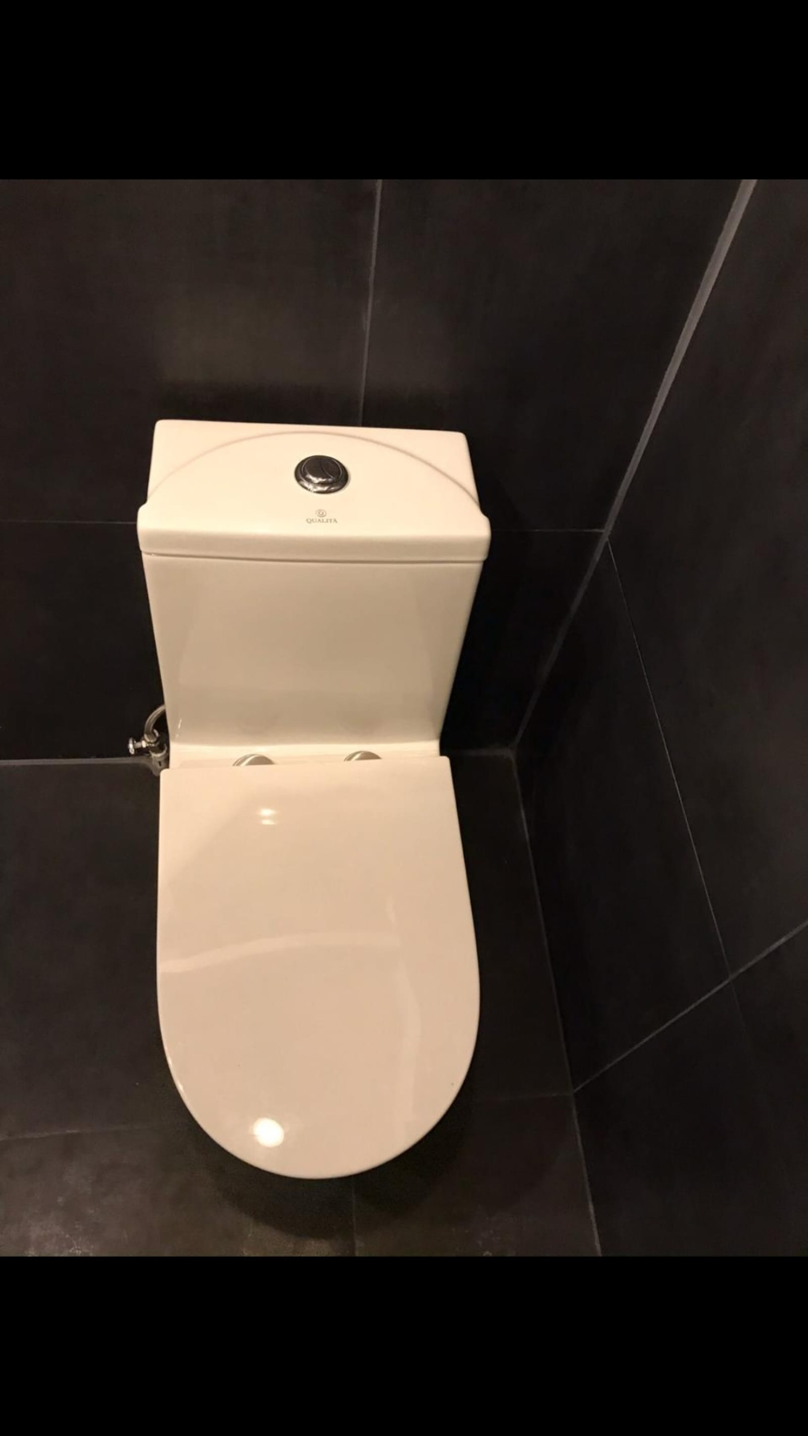 Toilet against the dark tiled wall of the bathroom