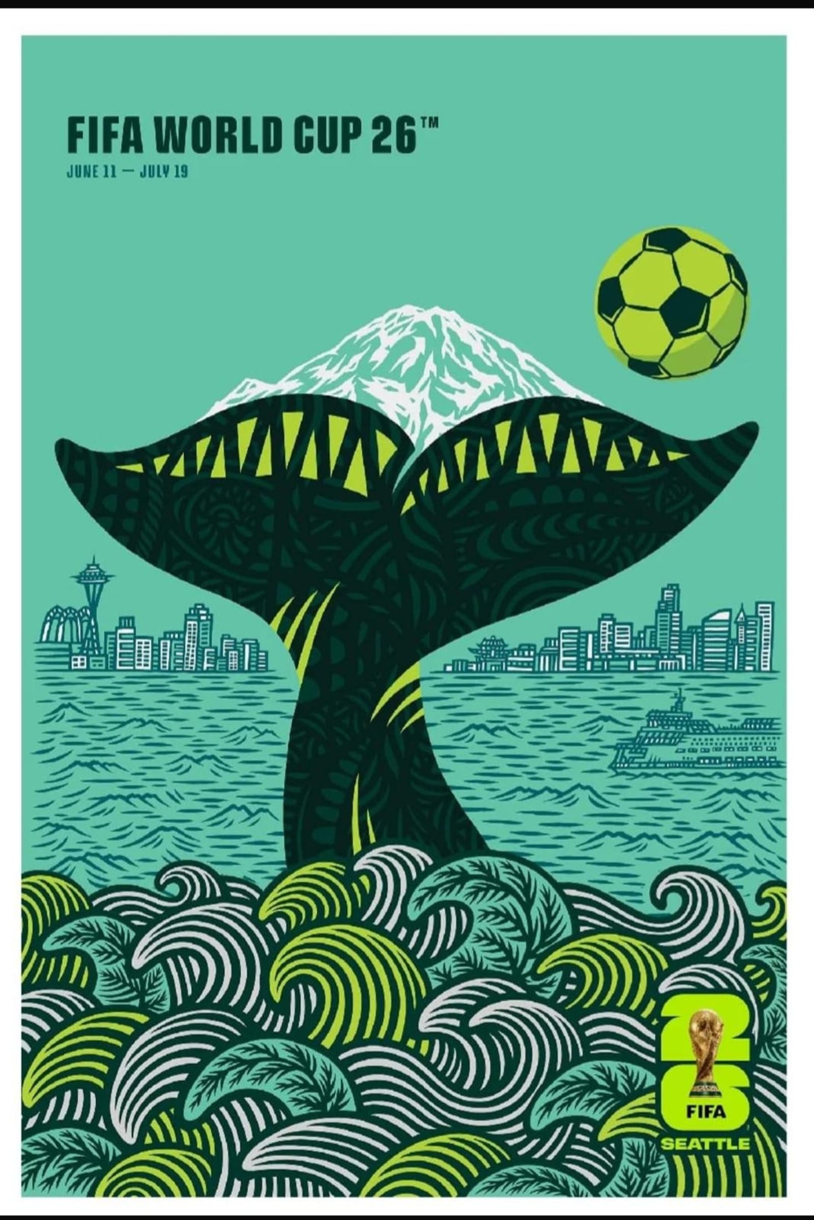 FIFA World Cup 2026 Seattle poster with an orca tail