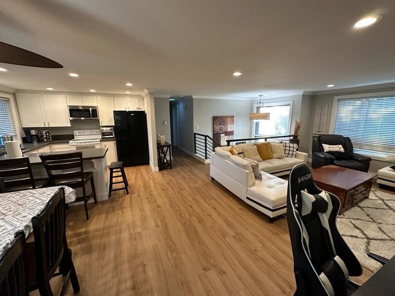 Open living and dining area with kitchen at the far end