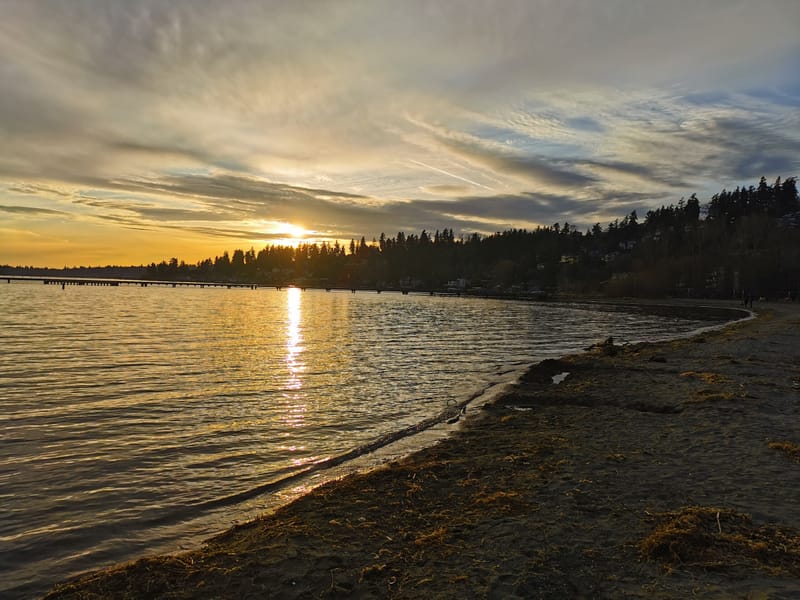 Sunset over Lake Washington from a lakeshore beach near Juanita Beach Home