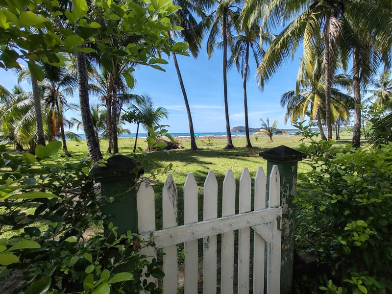 White picket gate at Casa Almendros opening onto the palms, the beach and Isla Chora in the bay